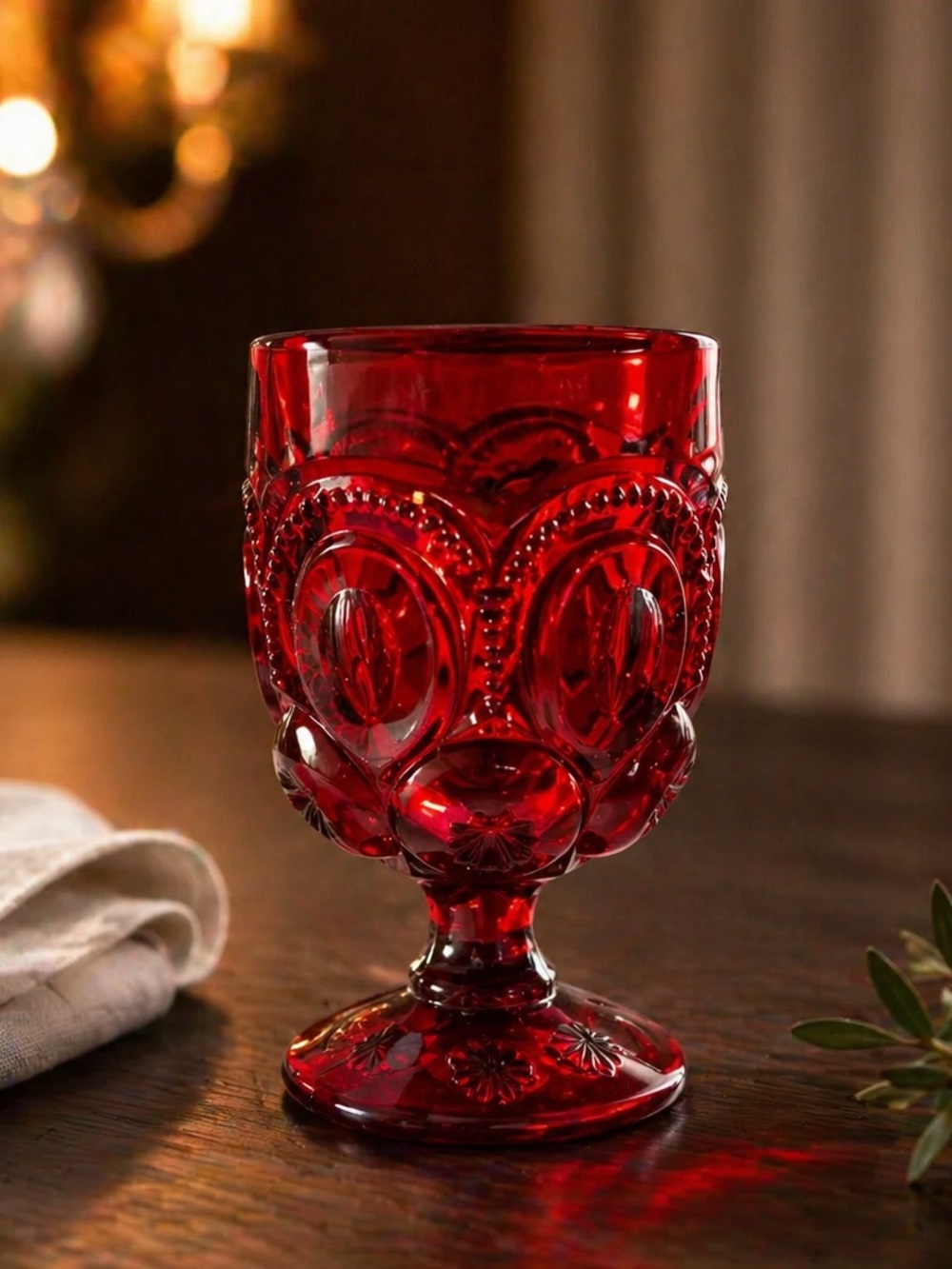 L.E. Smith Glass Company Ruby Red Moon and Star Pattern Pressed Glass Goblet